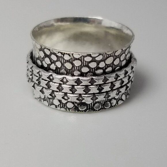 Vintage Polka Dot Design Spinner Ring, Silver Tone Size 8 Band, Wide Fidget - Picture 1 of 9